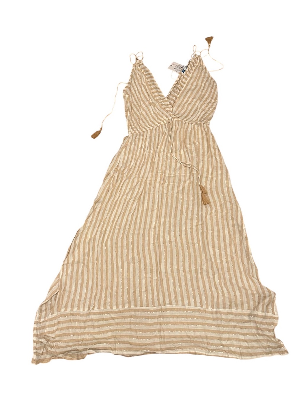 Beautiful 💯 cotton spaghetti straps Beige and White thin shiny Striped Maxi 👗